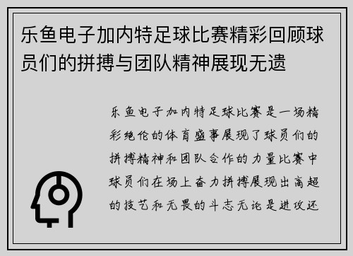 乐鱼电子加内特足球比赛精彩回顾球员们的拼搏与团队精神展现无遗
