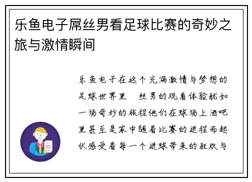乐鱼电子屌丝男看足球比赛的奇妙之旅与激情瞬间