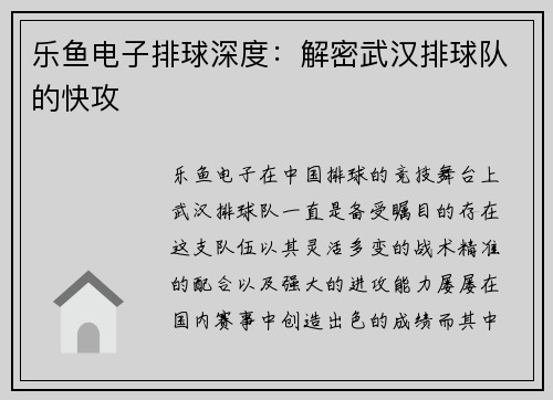 乐鱼电子排球深度：解密武汉排球队的快攻