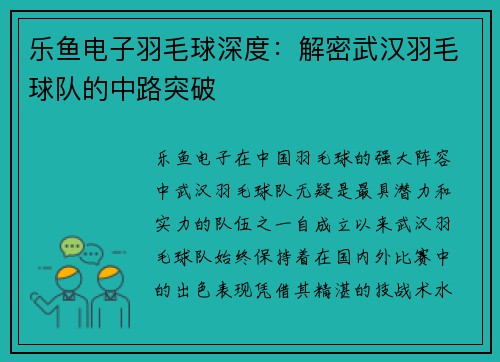 乐鱼电子羽毛球深度：解密武汉羽毛球队的中路突破