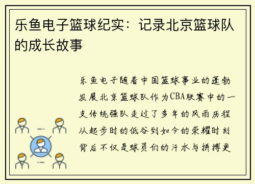 乐鱼电子篮球纪实：记录北京篮球队的成长故事